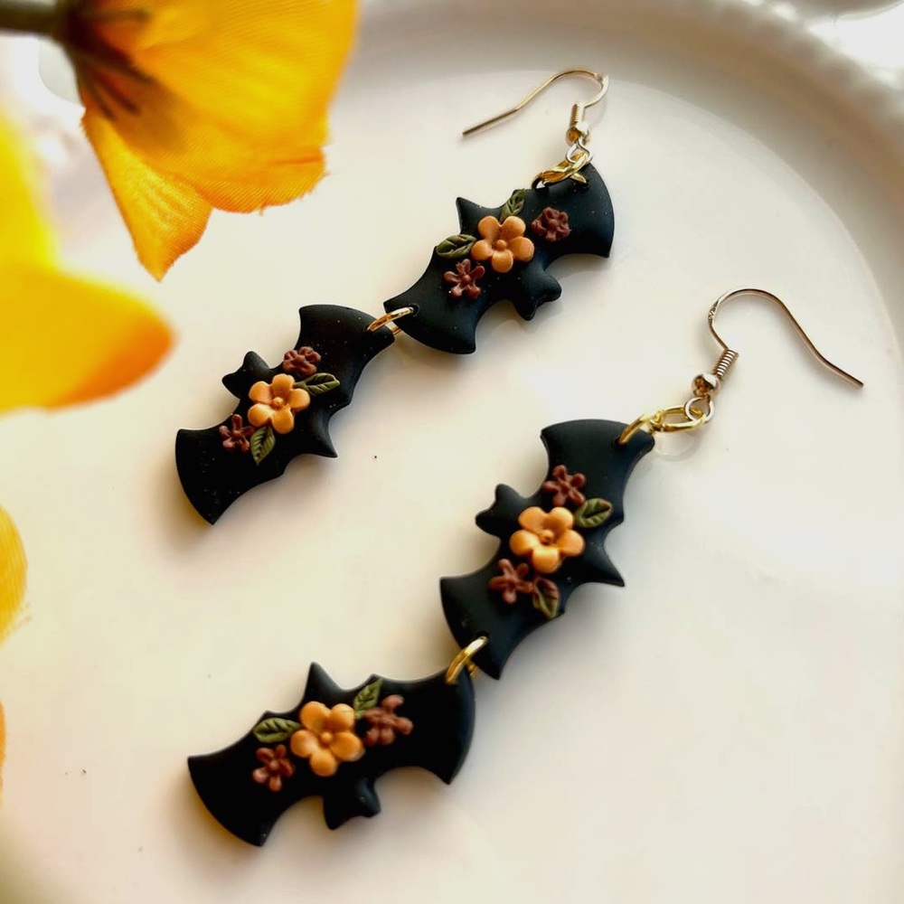 2 Tiered Fall Bat Dangles Clay Earrings